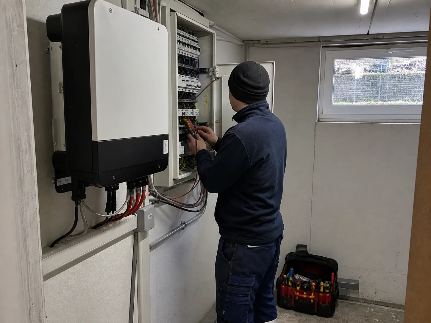 Elektriker prüft einen Wechselrichter und die elektrische Verteilung